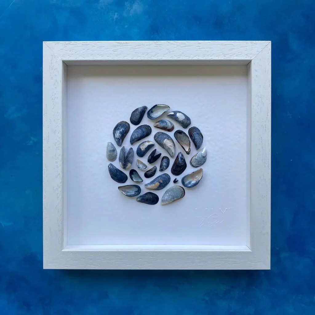 A white square frame displays a spiral pattern made from small, dark seashells arranged on a white background against a blue surface.