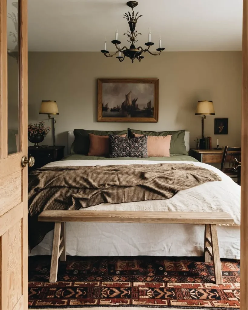 A neatly made bed with earth-toned pillows and blankets, rustic bedroom furniture including a wooden bench at the foot, two side tables with lamps, a patterned rug, and a framed painting above the headboard.