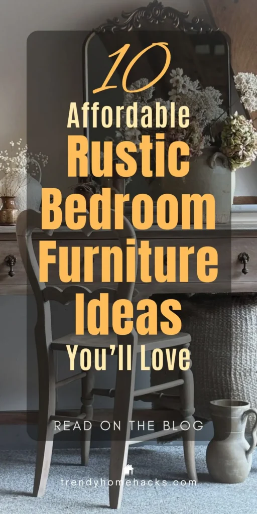 Rustic bedroom furniture scene featuring a wooden chair, vintage vanity, and neutral-toned decor styled with dried flowers in an affordable farmhouse aesthetic. Overlay text reads “10 Affordable Rustic Bedroom Furniture Ideas You’ll Love"