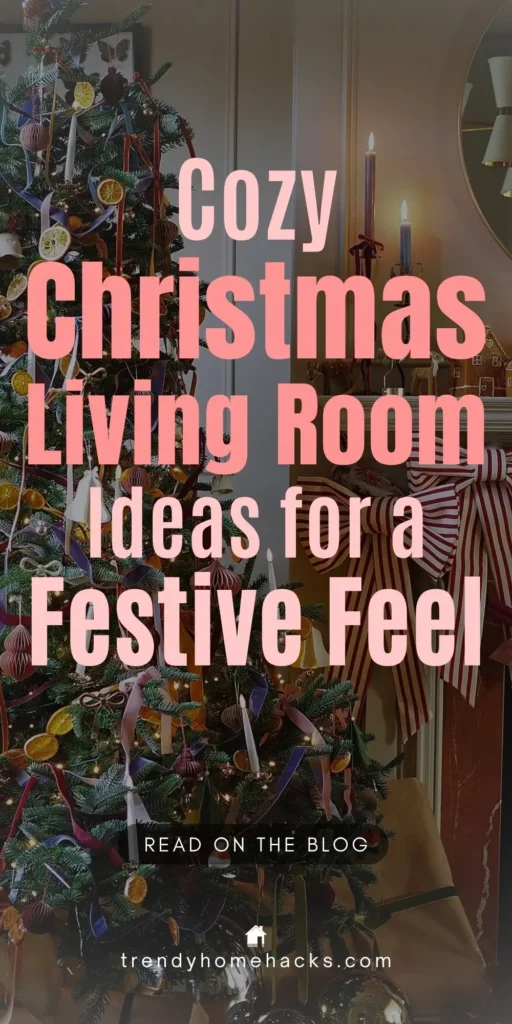 A festive Christmas living room featuring a decorated tree with dried orange slices, velvet ribbons, and candles on the mantel. Overlay text reads: “Cozy Christmas Living Room Ideas for a Festive Feel.”