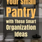 Organized small pantry with labeled clear containers for cereals, grains, and dry goods arranged neatly on white shelves, showcasing smart and space-saving pantry organization ideas.