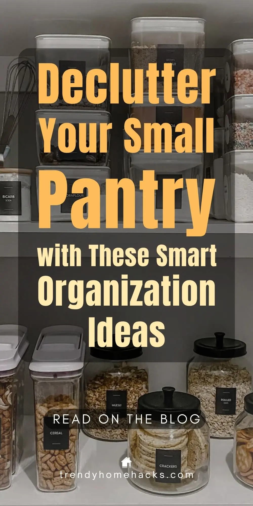 Organized small pantry with labeled clear containers for cereals, grains, and dry goods arranged neatly on white shelves, showcasing smart and space-saving pantry organization ideas.