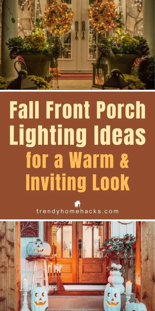 Warm and cozy fall front porch featuring glowing lanterns, string lights, autumn wreaths, and pumpkins that create a welcoming seasonal glow.