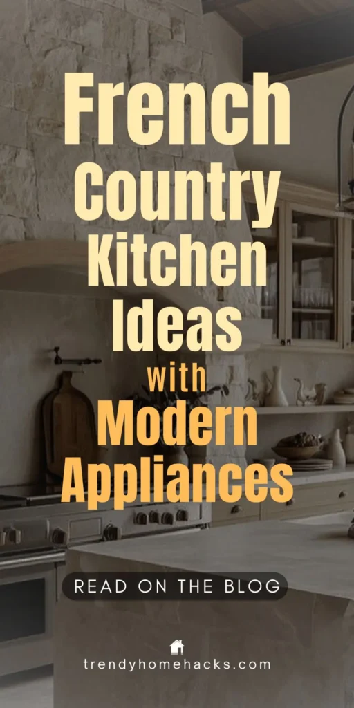 A beautifully styled French country kitchen featuring a stone arch, wood cabinetry, and stainless steel modern appliances, including a large range and marble island. The space blends rustic charm with contemporary function. Overlay text reads: “French Country Kitchen Ideas with Modern Appliances.”