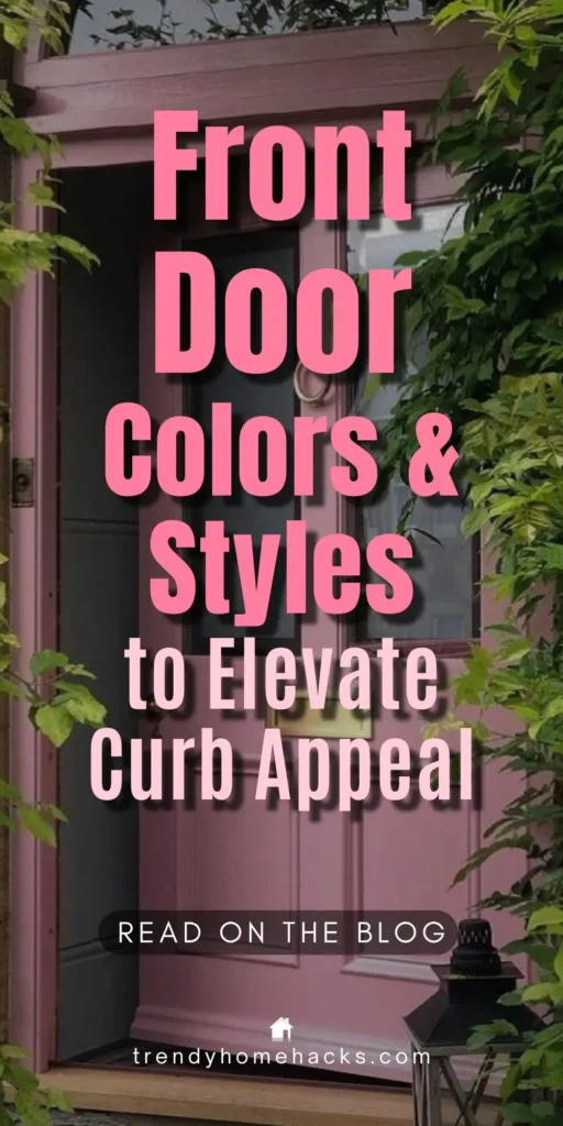 A stylish pink front door framed by green climbing plants and flanked by a black lantern. Overlay text reads: “Front Door Colors & Styles to Elevate Curb Appeal.”