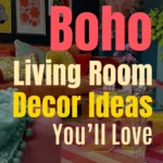 Eclectic boho living room with bold wallpaper, a velvet sofa, botanical accents, layered rugs, and vibrant patterns. Text overlay reads “Funky Boho Living Room Decor Ideas You’ll Love.”
