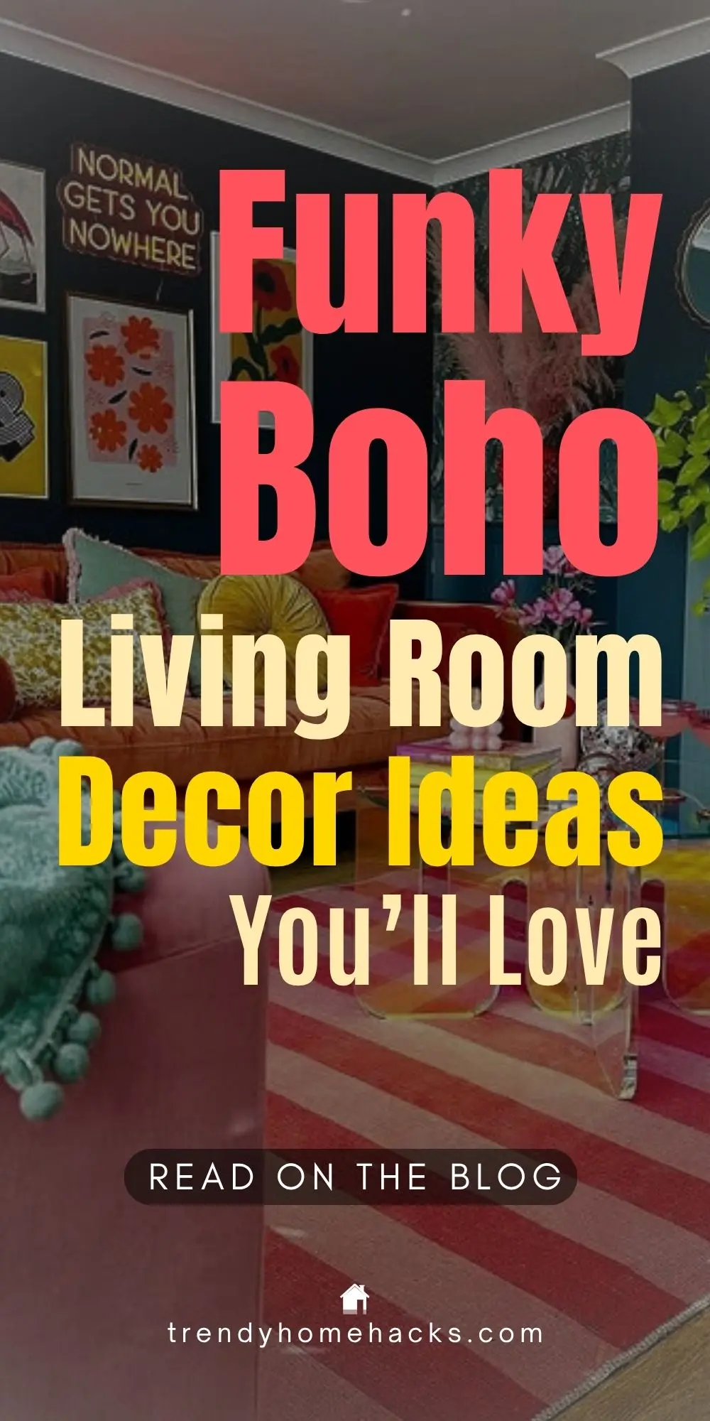 Eclectic boho living room with bold wallpaper, a velvet sofa, botanical accents, layered rugs, and vibrant patterns. Text overlay reads “Funky Boho Living Room Decor Ideas You’ll Love.”