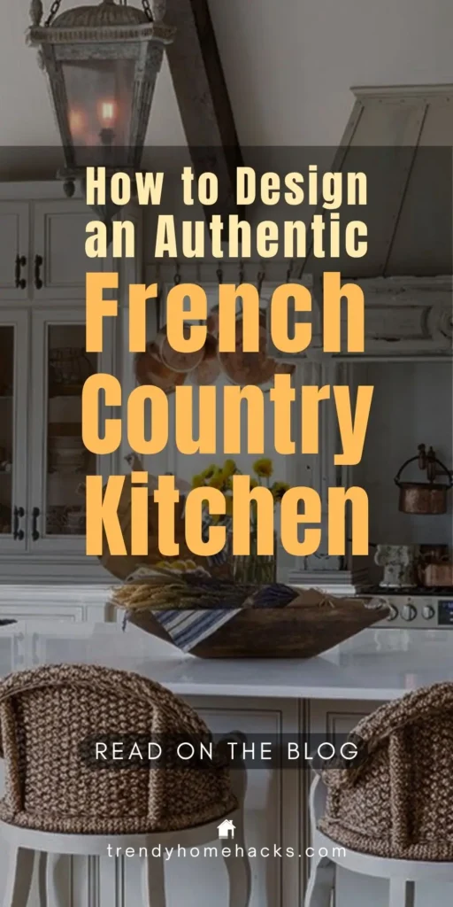 A beautifully designed French Country kitchen featuring rustic wood beams, white cabinetry, woven bar stools, and vintage lighting, showcasing the charm and authenticity of classic French farmhouse style.