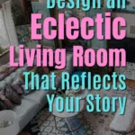 Colorful eclectic living room with a mix of vintage furniture, layered rugs, patterned pillows, and unique wall art, styled to reflect a personal and expressive home aesthetic.