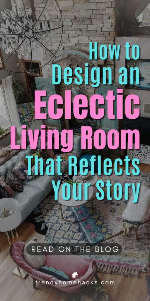 Colorful eclectic living room with a mix of vintage furniture, layered rugs, patterned pillows, and unique wall art, styled to reflect a personal and expressive home aesthetic.