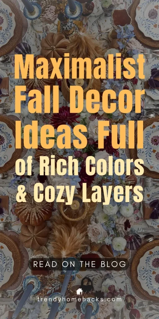 A vibrant fall tablescape styled in maximalist fashion with layered textures, bold florals, jewel-toned candles, and ornate pumpkins in rich fall colors.