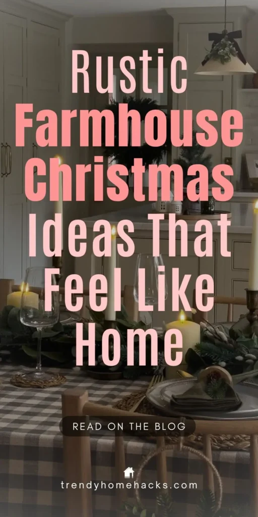 A cozy farmhouse-style Christmas table with a buffalo check tablecloth, rustic place settings, evergreen sprigs, taper candles, and soft lighting. Overlay text reads: “Rustic Farmhouse Christmas Ideas That Feel Like Home.”