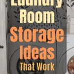 Stacked washer and dryer in a compact laundry nook with floating white shelves above, holding baskets, jars, and decor against a leafy black-and-white wallpaper. Text overlay reads: “Small Laundry Room Storage Ideas That Work.”