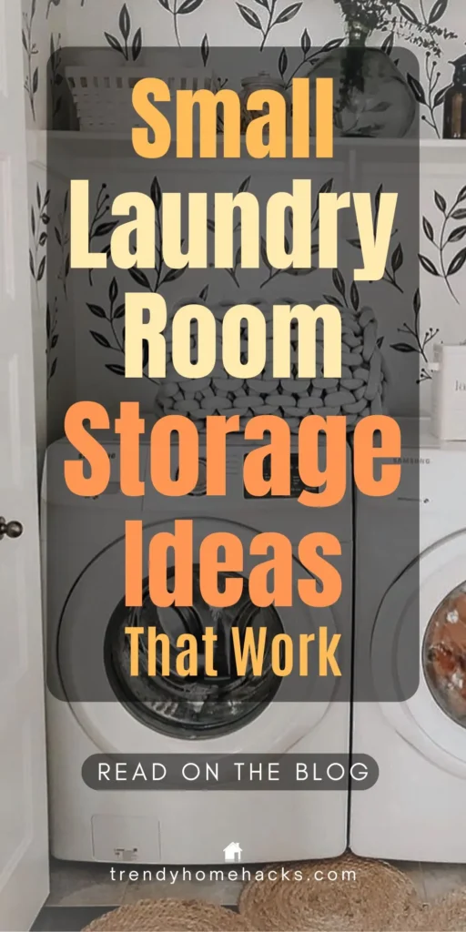 Stacked washer and dryer in a compact laundry nook with floating white shelves above, holding baskets, jars, and decor against a leafy black-and-white wallpaper. Text overlay reads: “Small Laundry Room Storage Ideas That Work.”