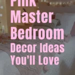 A whimsical pink master bedroom featuring soft blush accents, cozy bedding with textured throws, ambient fairy lights, and charming decorative details that create a cozy and romantic atmosphere.