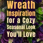 A beautiful winter wreath featuring purple velvet ribbon, lush greenery, and deep plum and cream flowers, creating an elegant and cozy seasonal look for festive home decor.