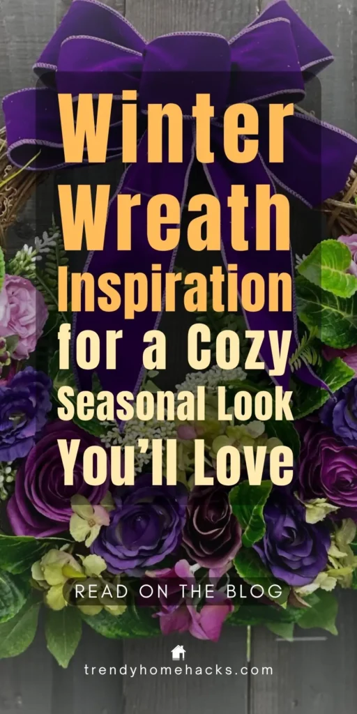 A beautiful winter wreath featuring purple velvet ribbon, lush greenery, and deep plum and cream flowers, creating an elegant and cozy seasonal look for festive home decor.