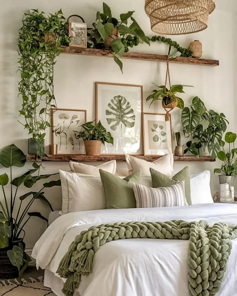A bohemian bedroom with a neatly made bed with white linens and green accents sits beneath shelves decorated with potted plants and botanical artwork, creating a lush, natural atmosphere.