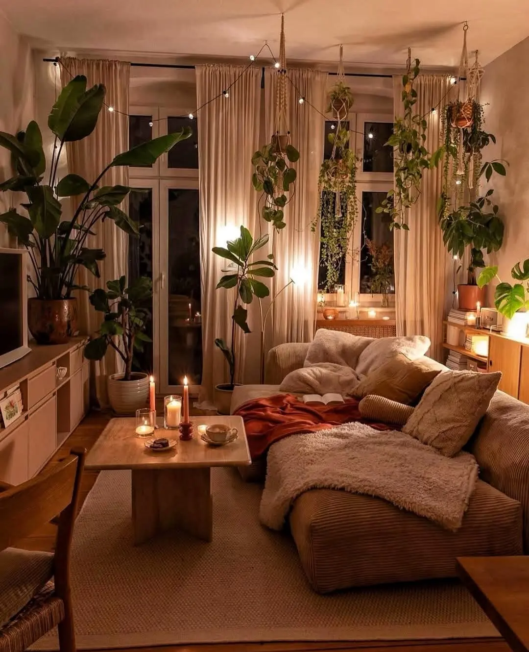 Cozy boho living room with warm ambient lighting, hanging plants, and a plush beige sectional sofa. Candles and string lights create a relaxing evening glow, while layered textures, natural wood accents, and soft throws add warmth and comfort to the space.