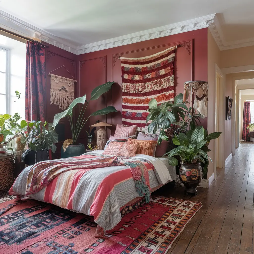 A boho-maximalist-inspired bedroom with a low bed, colorful striped bedding, patterned rugs, large indoor plants, and woven wall hangings, featuring red-toned walls and wooden floors.