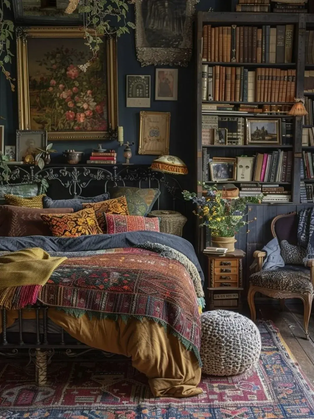 Eclectic, boho maximalist bedroom with a metal bed, layered blankets, patterned rugs, bookshelves, framed art, and plants. Cozy vintage decor fills the space with abundant books and textiles.