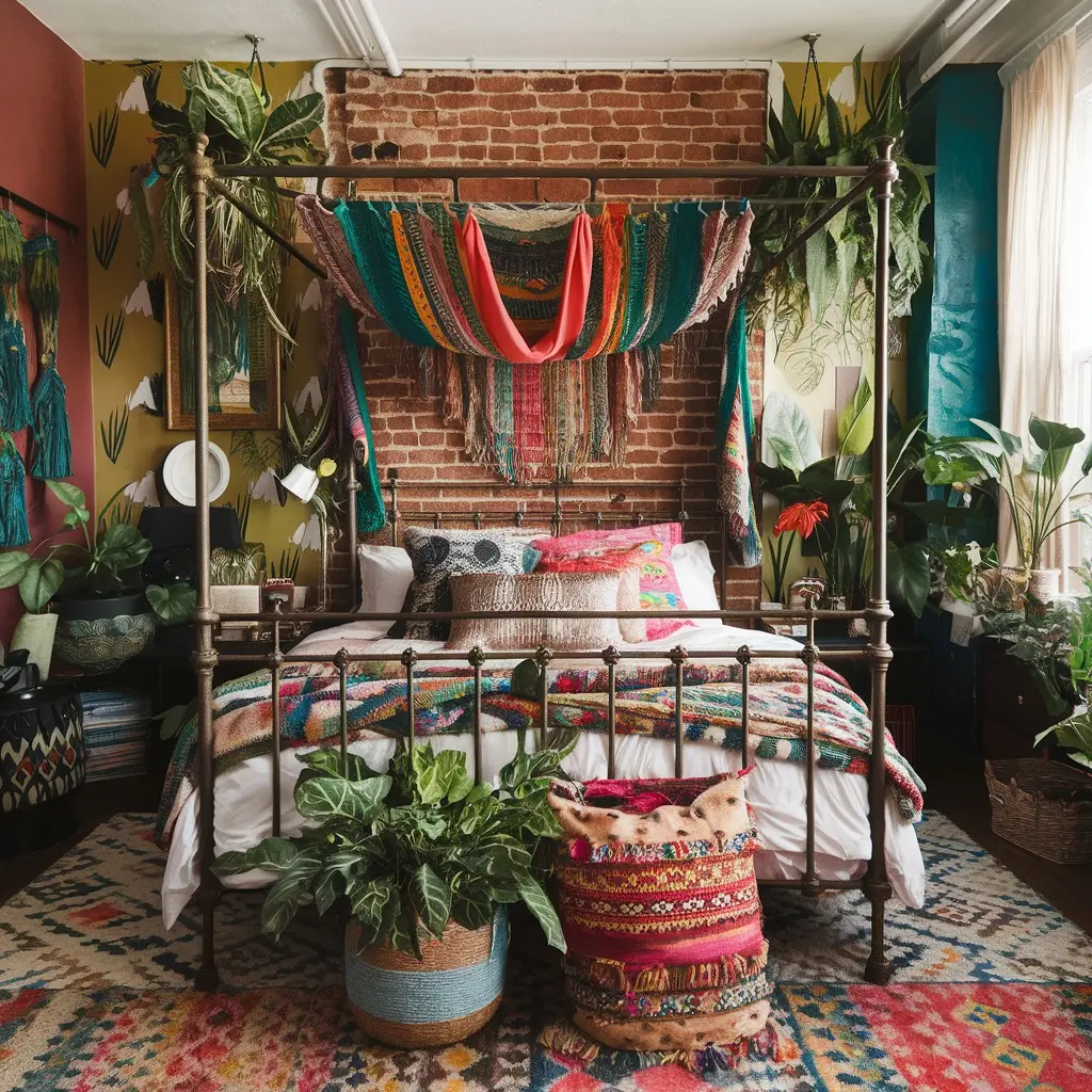 A boho maximalist bedroom featuring a wrought iron canopy bed, colorful textiles, a brick wall, lush houseplants, and vibrant decorative pillows and rugs.