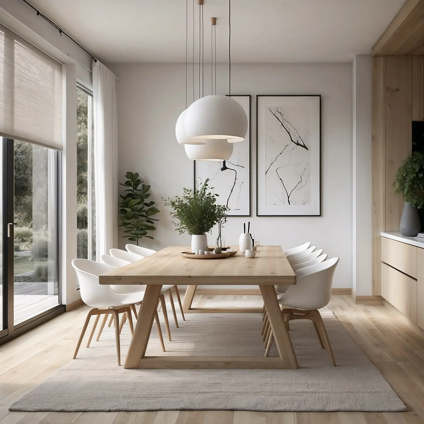 Modern minimalist dining room with a wooden table, eight white chairs, potted plants, pendant lights, abstract wall art, and large window with natural light.