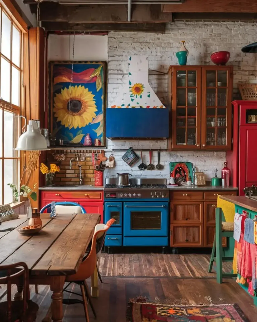 Colorful and funky kitchen design with a blue stove, wooden cabinets, red refrigerator, sunflowers, and eclectic decor; large window fills the rustic dining table and chairs with natural light.
