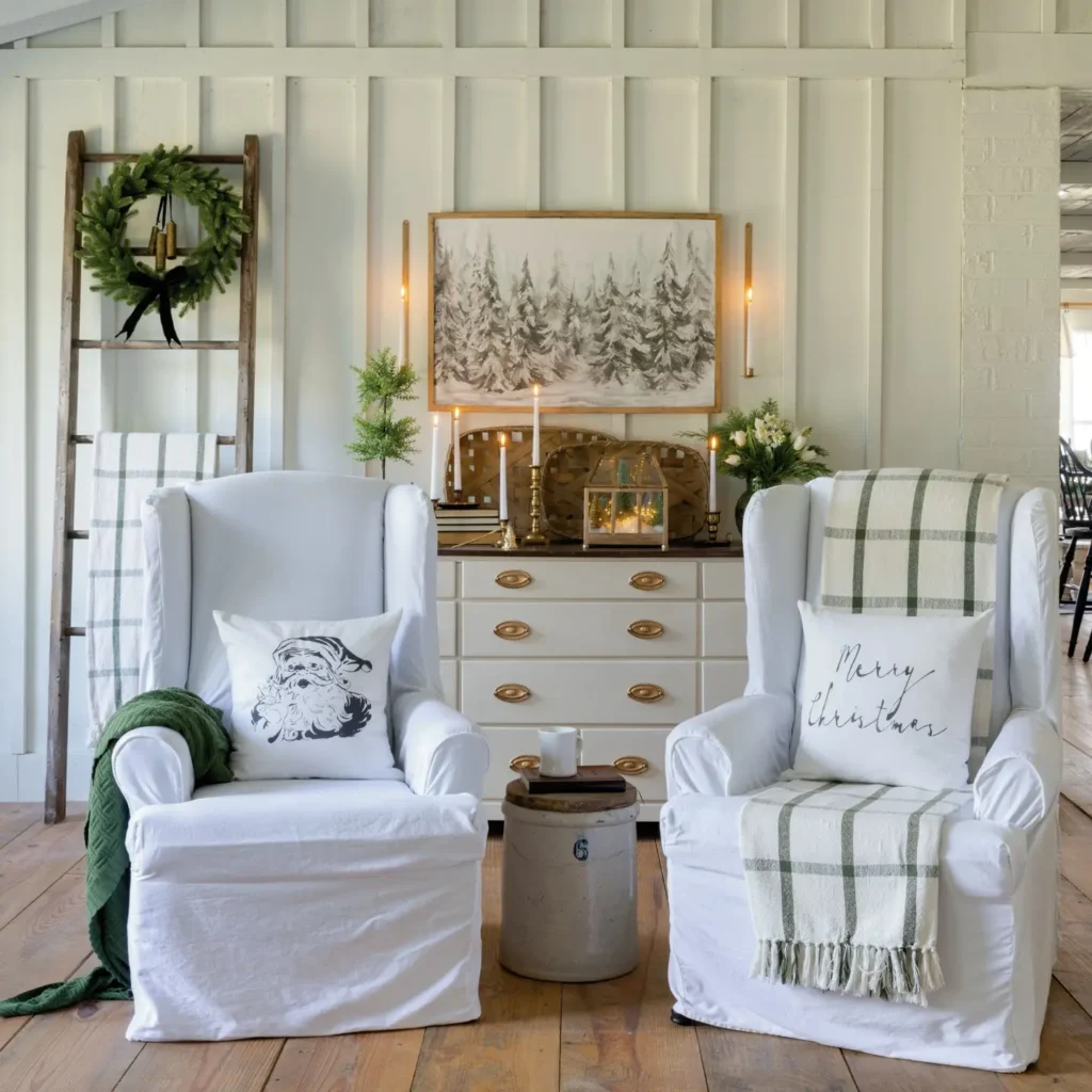 Two white armchairs with printed pillows and plaid throws flank a small side table, set in front of a dresser with candles, greenery, and winter decor against a white paneled wall.