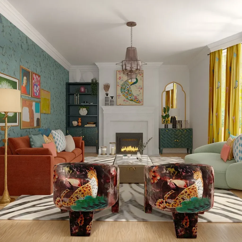 Colorful living room with curated eclectic decor, featuring patterned chairs, a red sofa, green armchair, fireplace, and art-filled walls. Bright curtains and natural light add vibrancy.
