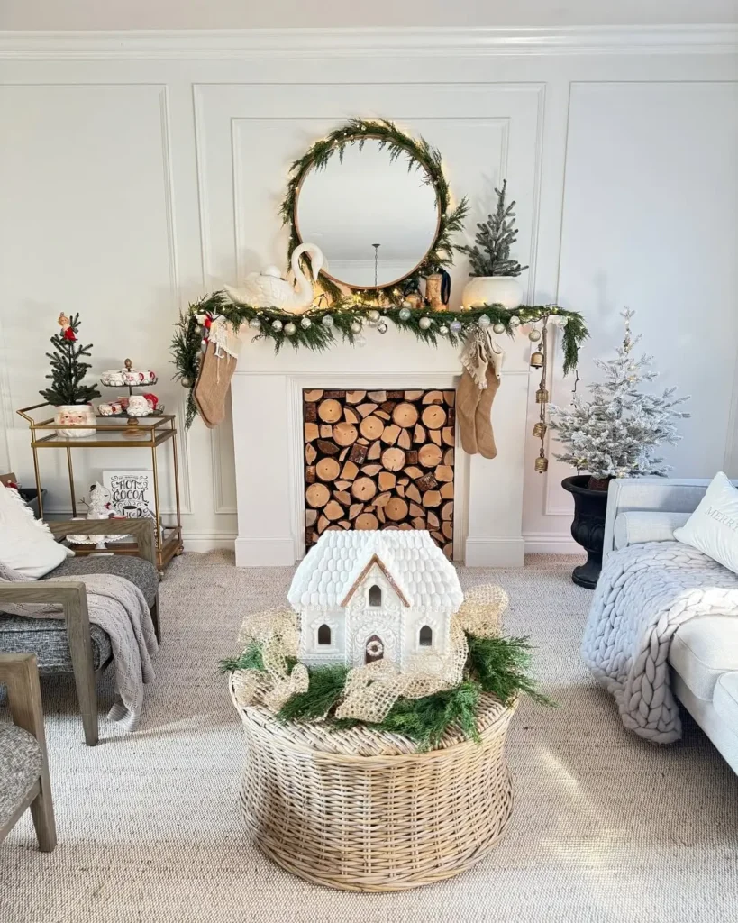 Minimalist Christmas mantel styled with a simple evergreen garland, neutral knit stockings, and soft lighting, featuring a round mirror, white swan decor, stacked firewood, and natural textures for a cozy, Scandinavian-inspired holiday look.