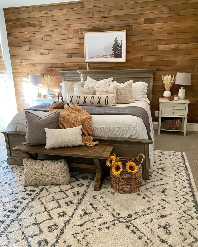A cozy farmhouse bedroom with a wooden accent wall, bed with throw pillows and blanket, nightstands, a bench, a basket of sunflowers, and a patterned rug creates the perfect fall retreat.