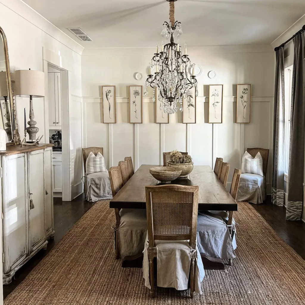 A French country-inspired dining room with a wooden table, eight chairs, a crystal chandelier, framed botanical art on the wall, and natural light from a window with dark curtains.
