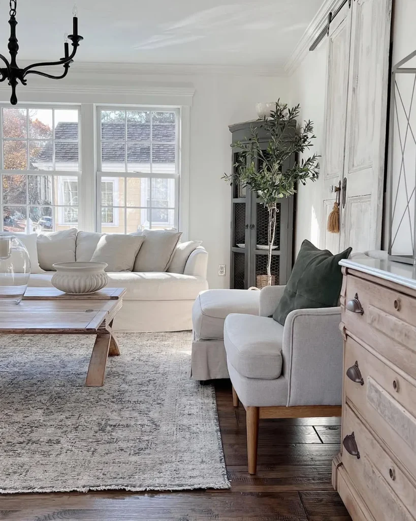 Bright french country-inspired living room with a white sofa, light armchairs in linen color, wooden coffee table, gray rug, rustic charcoal cabinet, and large windows letting in natural light.