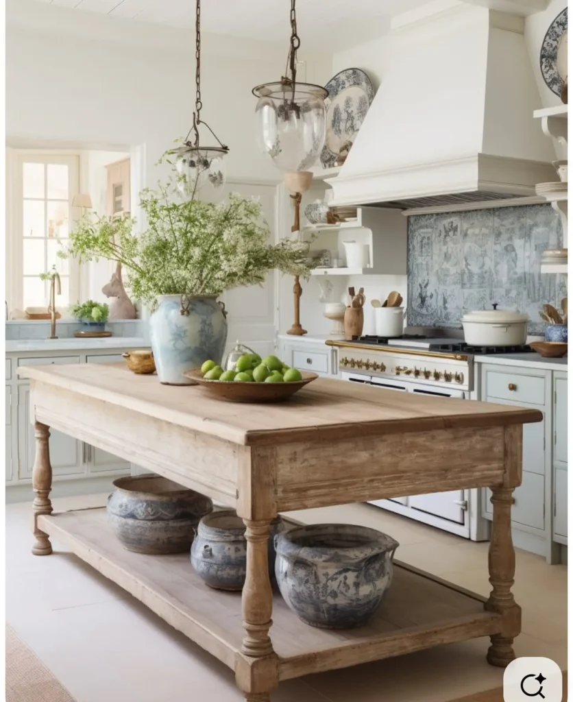 A rustic french-inspired kitchen with a wooden island, blue and white pottery, a vase with greenery, hanging glass lights, and a stove with a decorative backsplash.