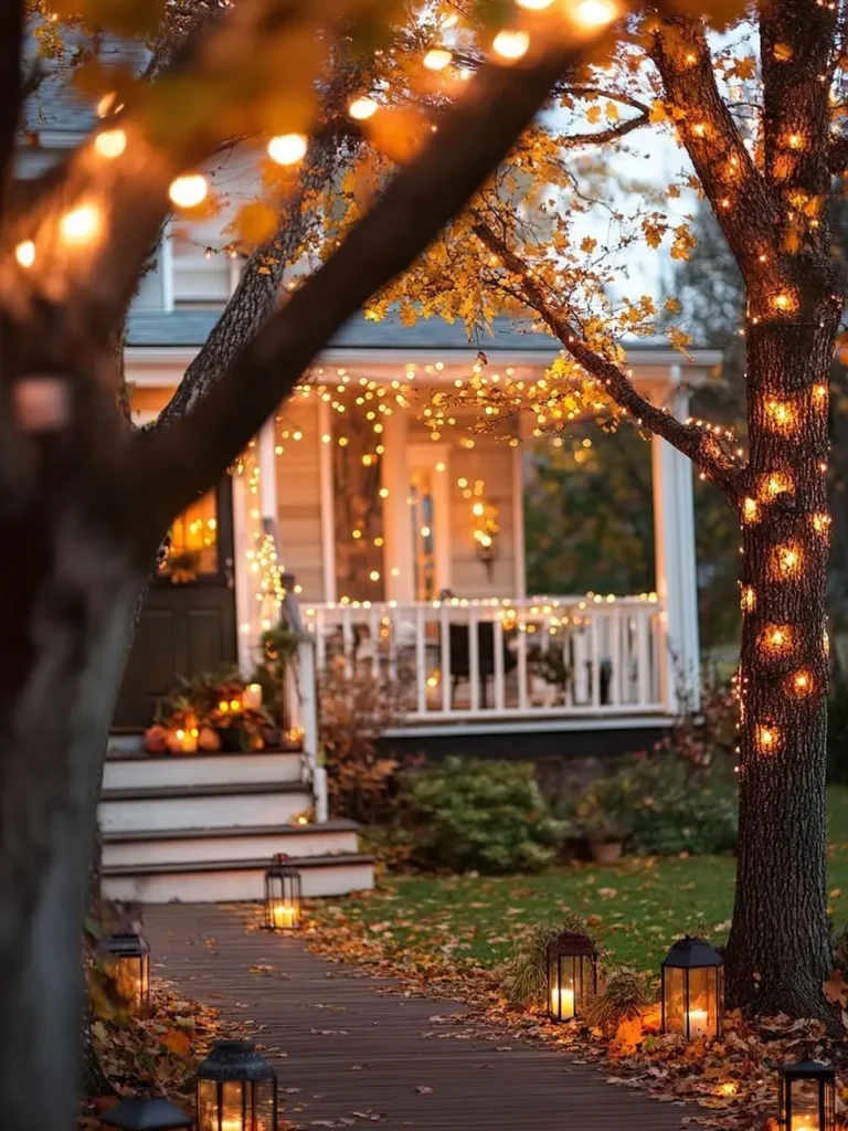 Tree-lined walkway and front porch decorated with string lights and lanterns, with autumn leaves scattered on the ground.