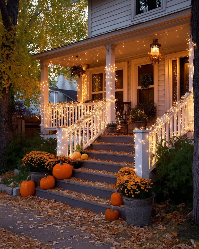 A house porch decorated with pumpkins, potted yellow flowers, and string lights, surrounded by autumn leaves and trees with yellow foliage.