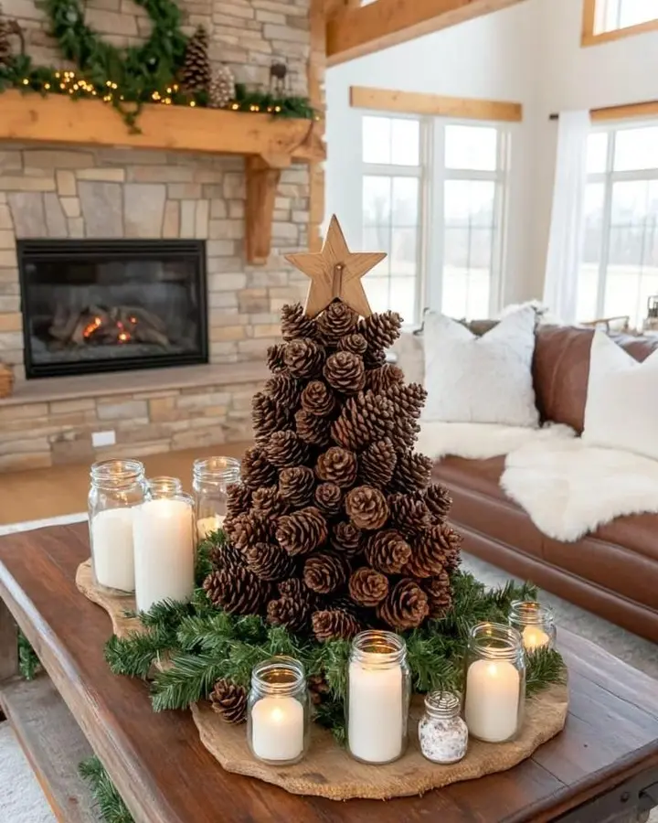 A pinecone tree with a star topper is displayed on a wooden table, surrounded by white candles in jars and greenery, in a cozy living room with a fireplace and sofa.