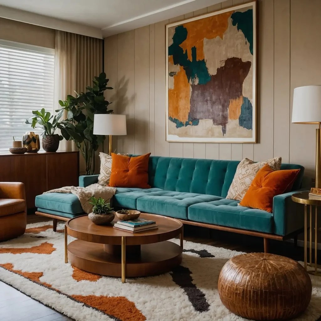 A mid-century modern inspired living room with a teal sofa, orange and beige pillows, a round wooden coffee table, abstract wall art, plants, and a patterned rug. Natural light comes through a window.