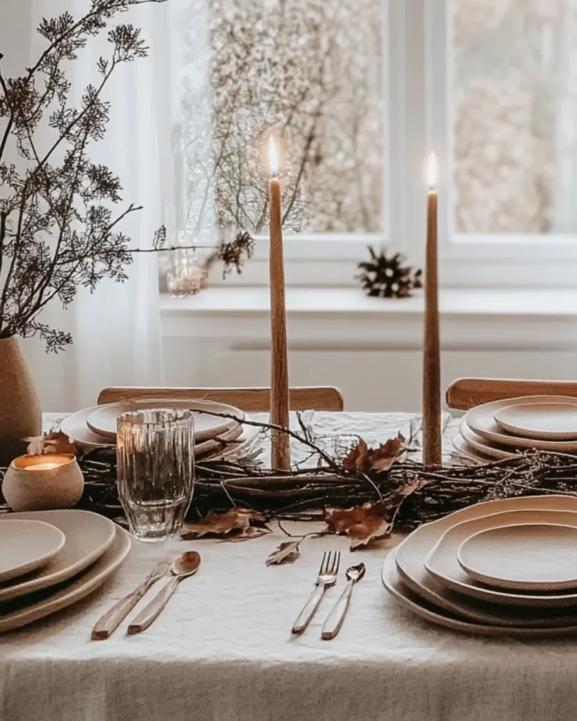 A dining table set with neutral-toned plates, cutlery, glasses, and napkins, decorated with twigs, leaves, and two lit candles—perfect for a cozy Thanksgiving gathering; soft natural light streams in from a nearby window.