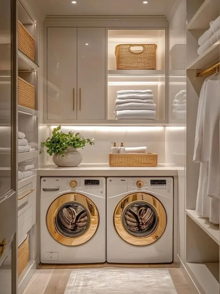 A modern laundry room with a washing machine and dryer, overhead and wall shelves with folded white towels, wicker baskets, and a potted plant on the counter.