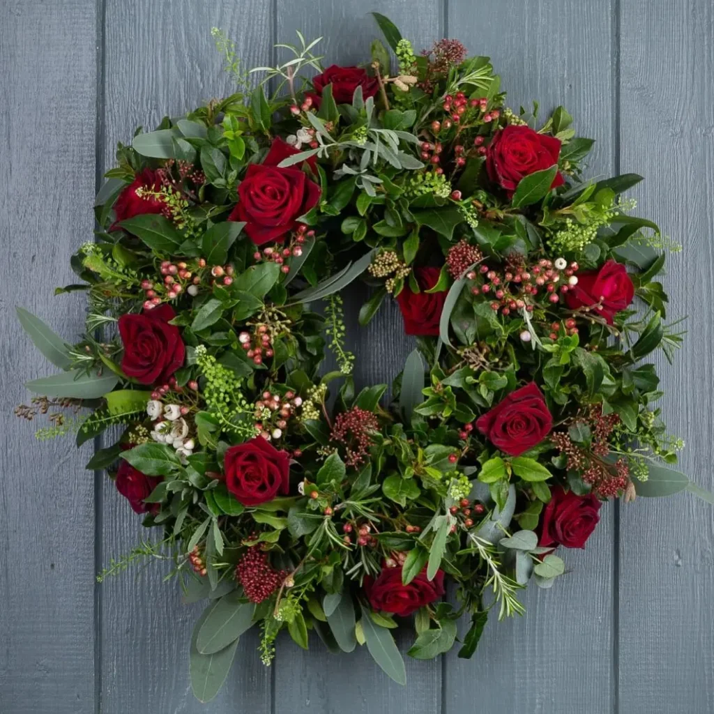 A festive winter wreath with red, white, and silver ornaments, pinecones, artificial berries, and greenery hangs on a white door.