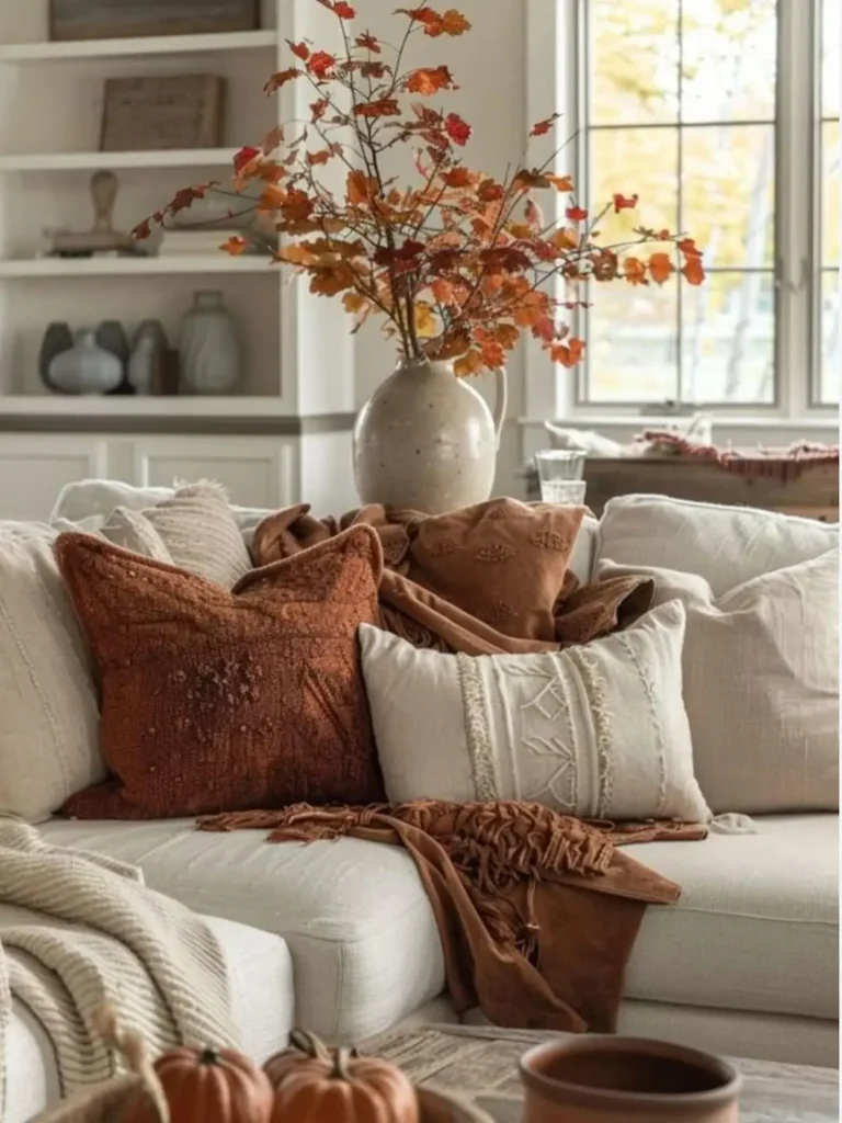 A beige sofa with brown and cream pillows and a throw, topped with a vase of orange autumn branches, sits in a cozy living room with rustic fall decor near a window.
