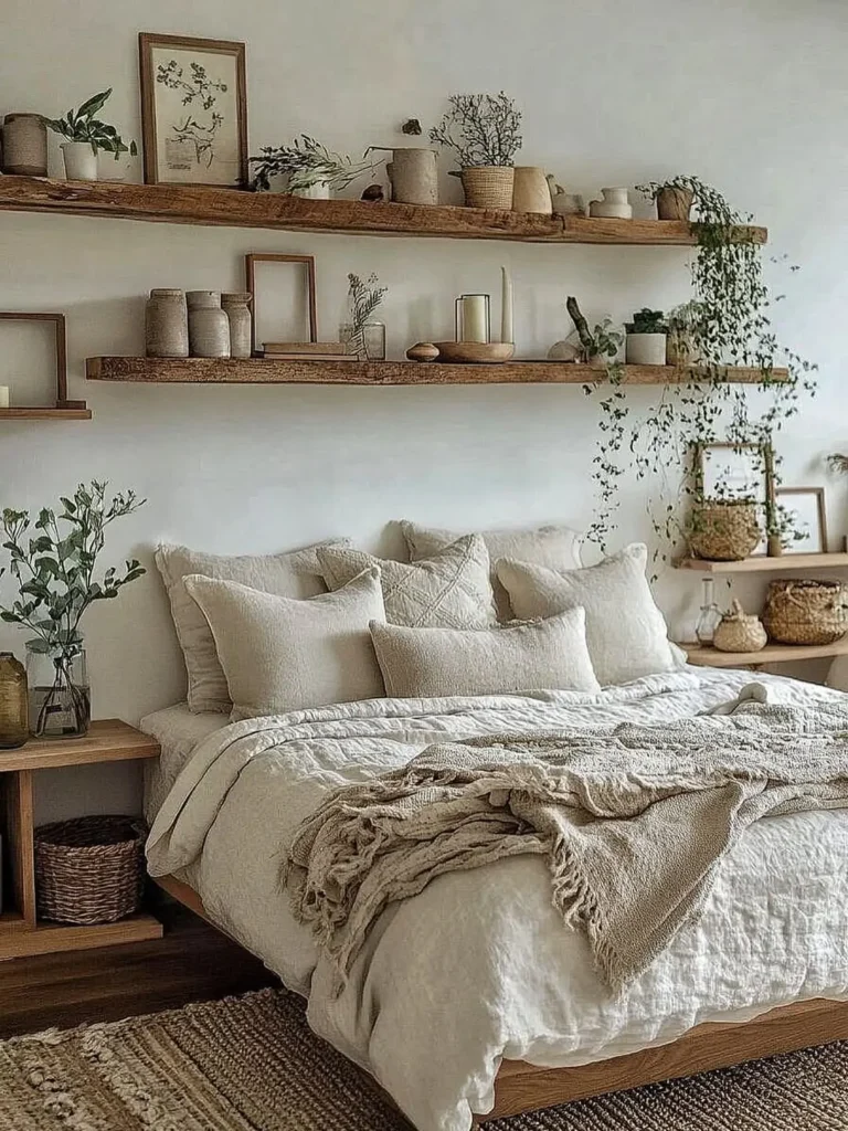 A cozy bedroom with a neatly made bed in neutral tones features rustic bedroom decor, with wooden shelves above holding potted plants, pottery, and framed art, creating a minimalist, natural aesthetic.