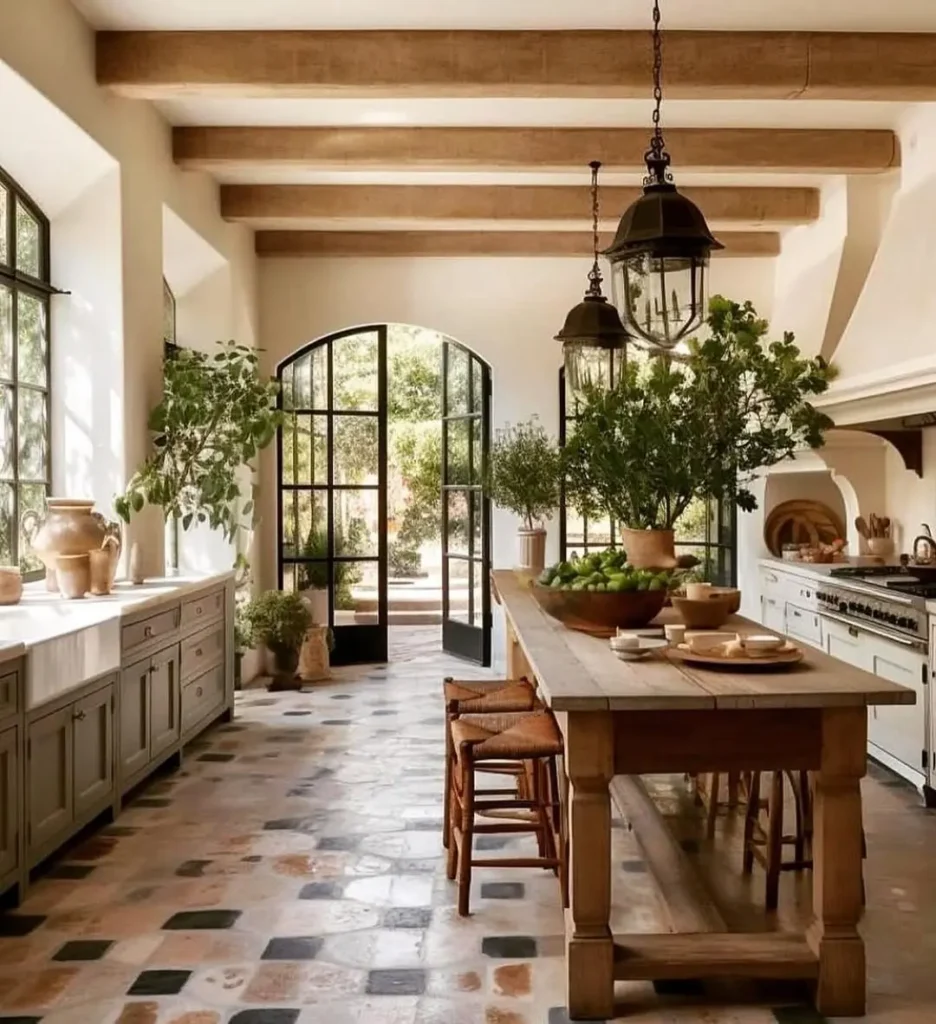 A charming rustic kitchen with wooden beams, a long wooden table, potted plants, large windows, and patterned tile flooring, filled with natural light.