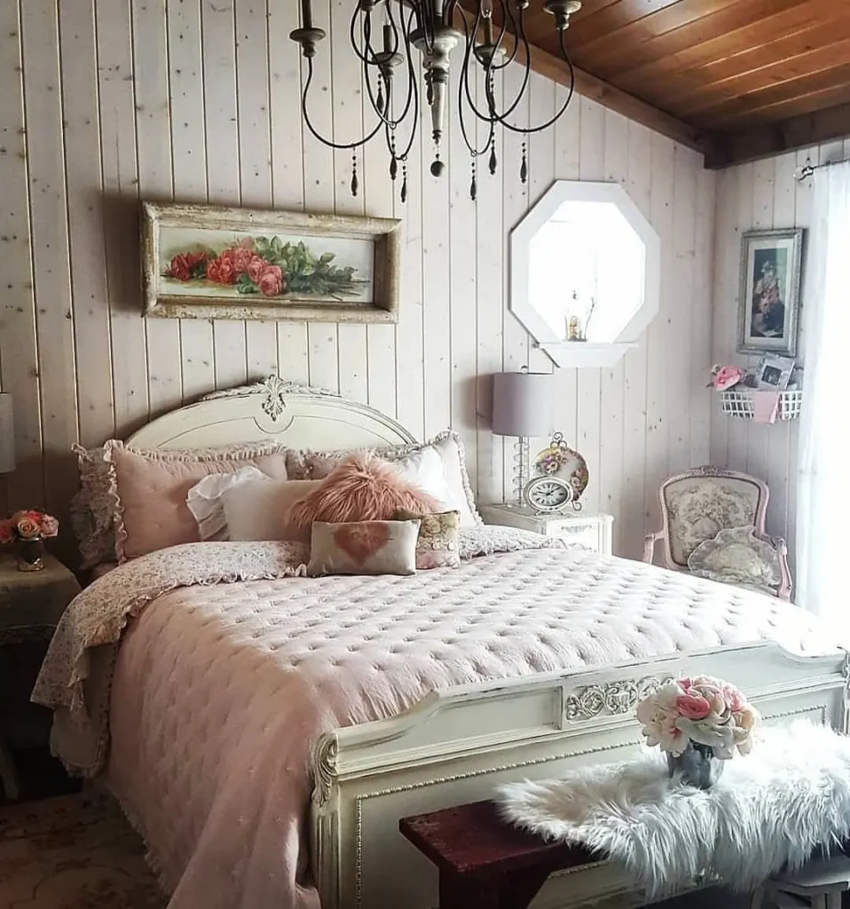 A cozy bedroom with a tufted pink bedspread, ornate white bed frame, pink and white decor, chandelier, floral artwork, and wood-paneled walls inspired by a French country color palette.