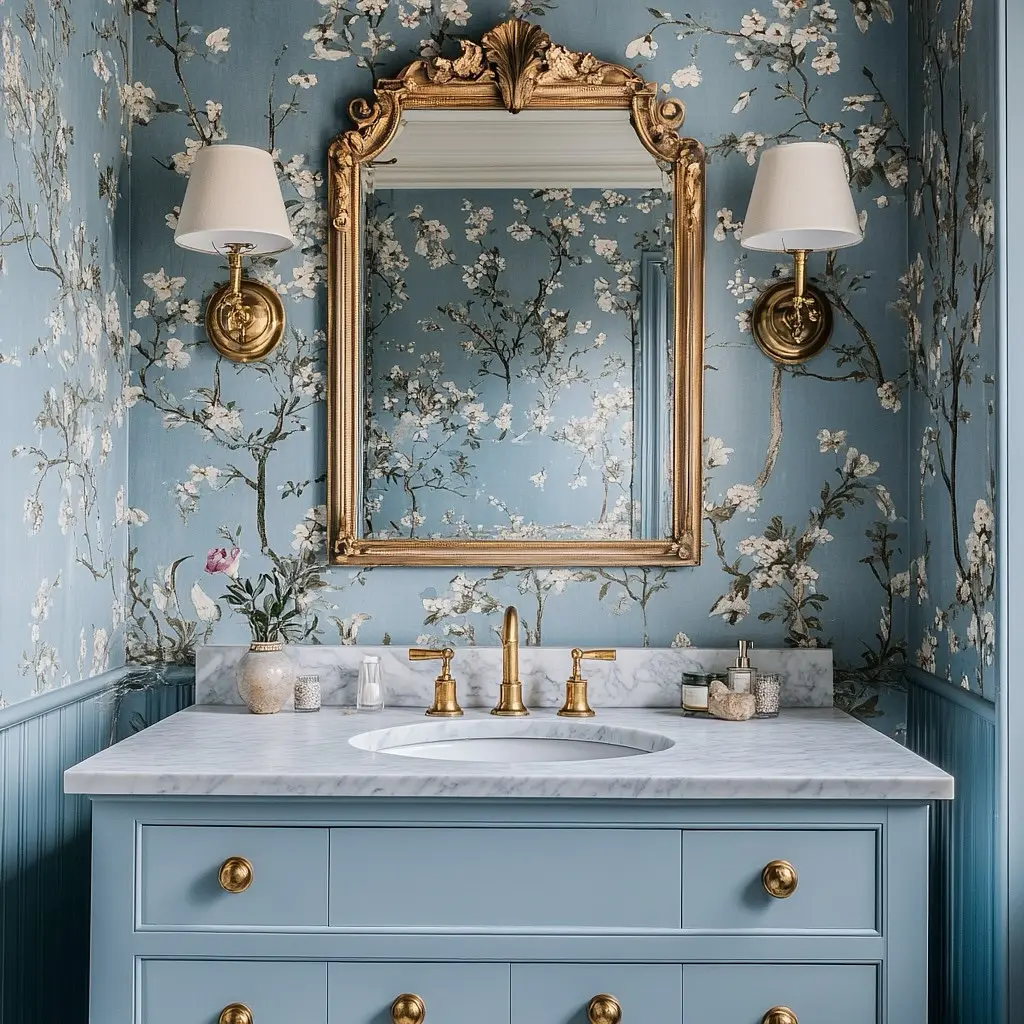 A bathroom vanity with a marble countertop, gold fixtures, a gold framed mirror, floral wallpaper, and wall-mounted sconces.