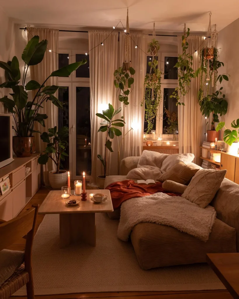 A cozy bohemian living room with a large sectional sofa, wooden coffee table, lit candles, and numerous potted and hanging plants, softly glowing under warm ambient lighting.