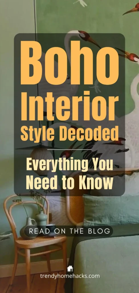 Boho bedroom with green walls, crane artwork, cane chair, natural textures, and eclectic decor accents.