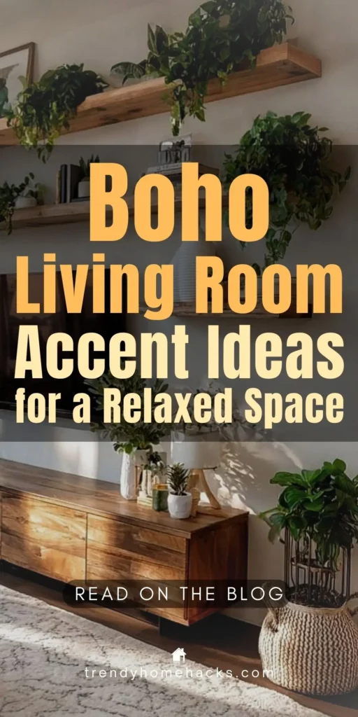 Boho living room with plants, wood shelves and cozy accents showing relaxed bohemian decorating ideas.